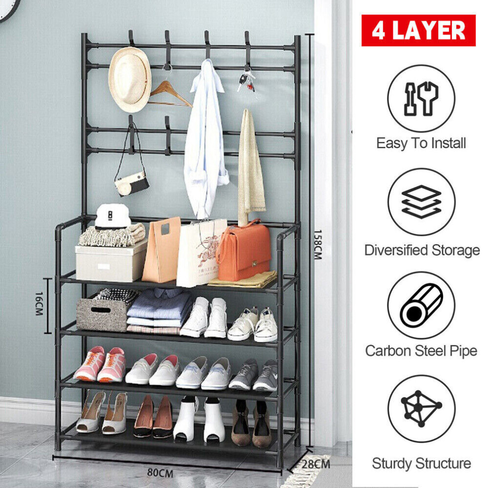 16 Pairs 4 Tier Shoe Rack 8 Hook Coat & Shoe Rack Metal Storage Shelf Stand UK