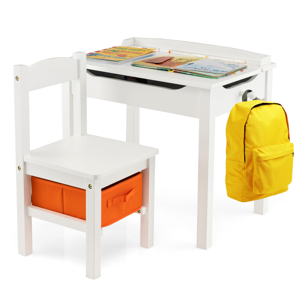 Casart Kids Table And Chair Set Wooden Flip Top Study Desk W / Chair & Drawer White