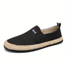 Mens Casual Letter Print Breathable Slip On Canvas Loafer Shoes With Espadrille Decor Outdoor Non slip Walking Shoes
