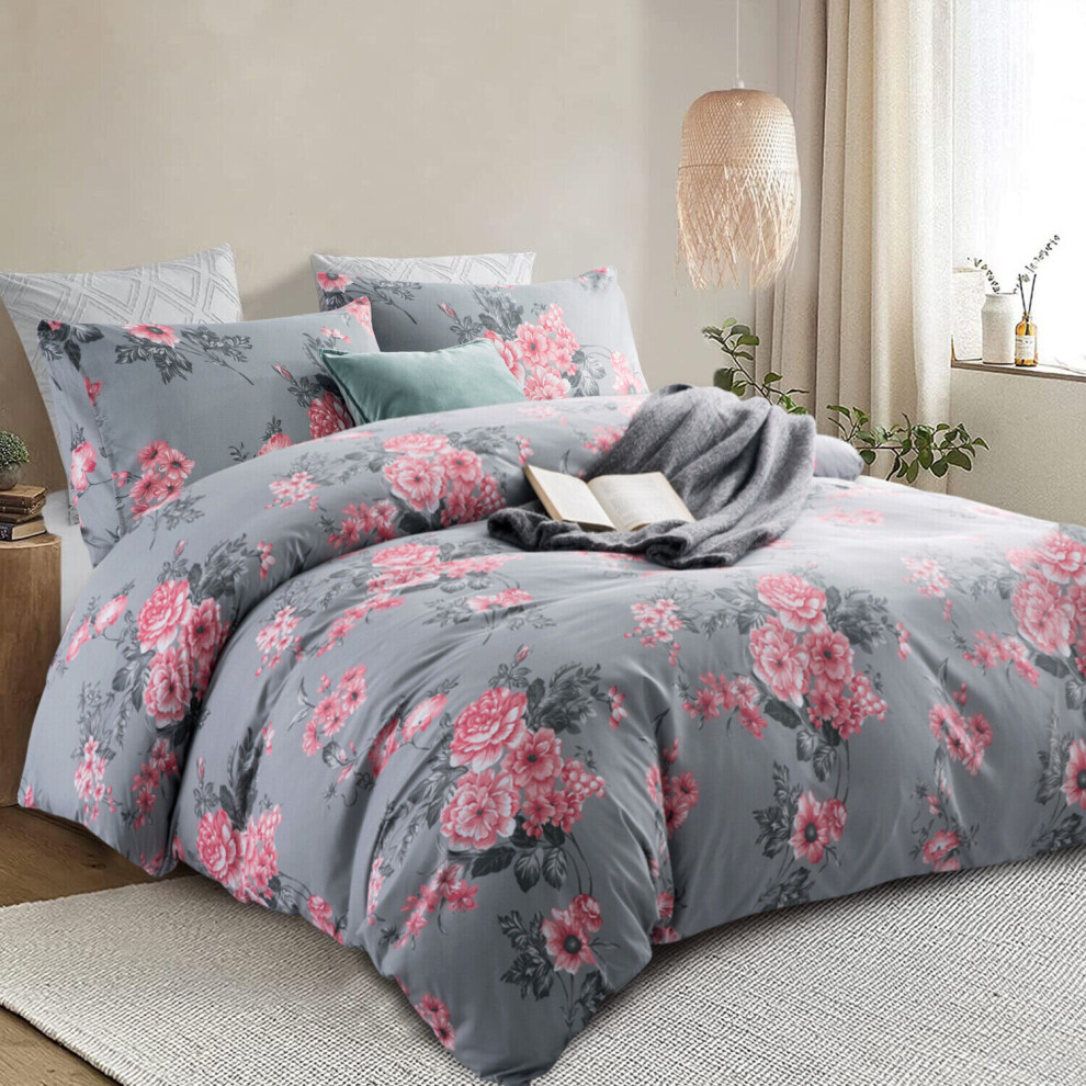 (Single: 137 x 200 cm., Grey Bouquet) Duvet Quilt Cover Bedding Set Reversible Printed Duvet Cover with Pillowcases