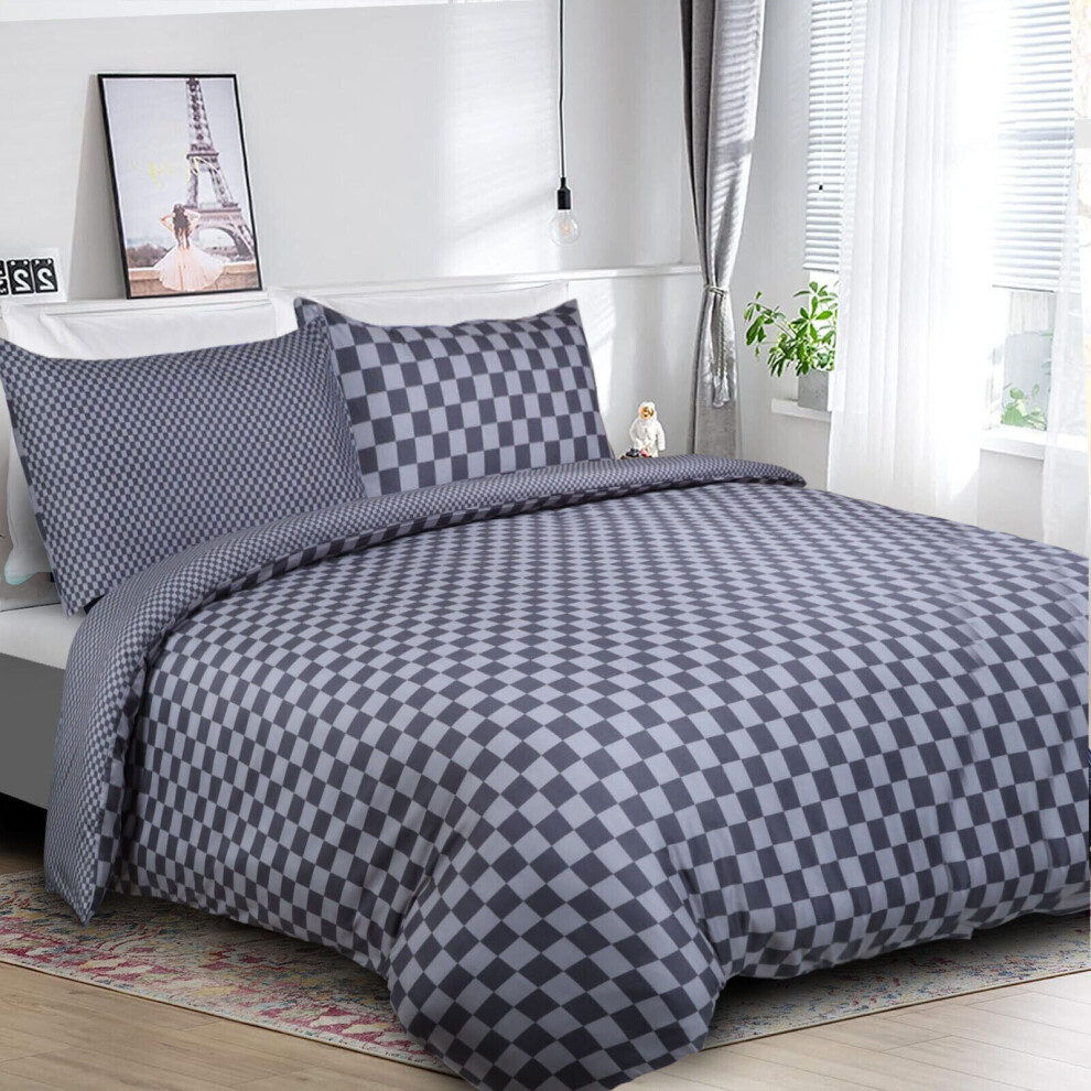 (King: 230 x 220 cm., Grey Chess) Duvet Quilt Cover Bedding Set Reversible Printed Duvet Cover with Pillowcases