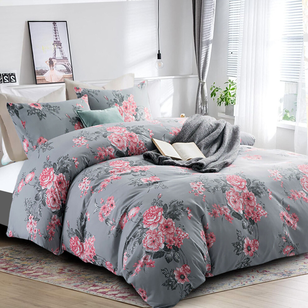 (Super King: 260 x 220 cm., Grey Bouquet) Duvet Quilt Cover Bedding Set Reversible Printed Duvet Cover with Pillowcases