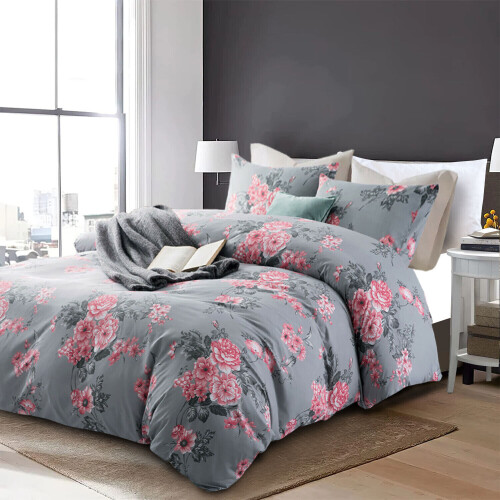 (King: 230 x 220 cm., Grey Bouquet) Duvet Quilt Cover Bedding Set Reversible Printed Duvet Cover with Pillowcases