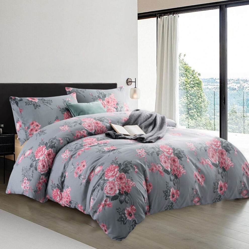 (Double: 200 x 200 cm., Grey Bouquet) Duvet Quilt Cover Bedding Set Reversible Printed Duvet Cover with Pillowcases