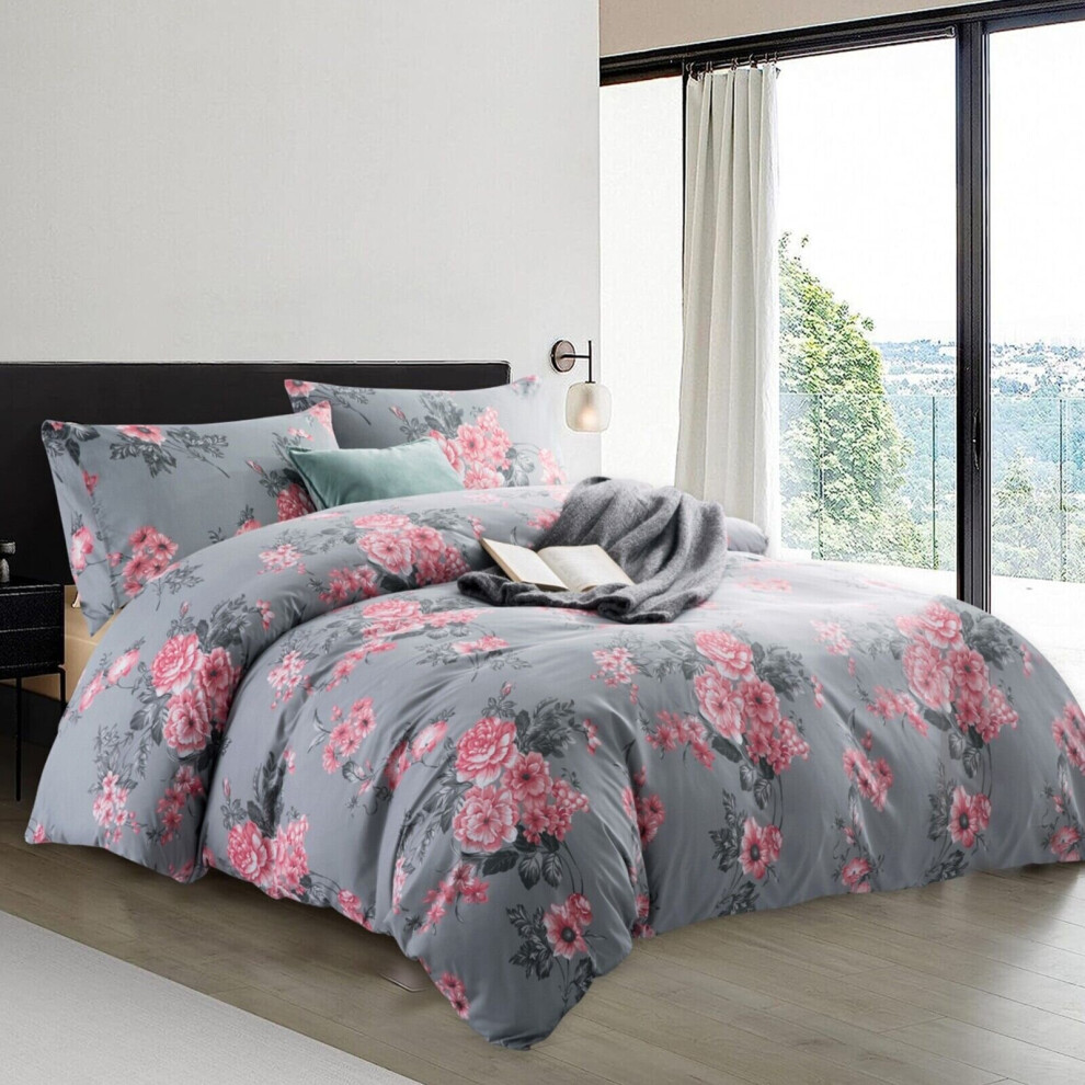 Oxford Homeware (Double: 200 X 200 Cm., Grey Bouquet) Duvet Quilt Cover Bedding Set Reversible Printed Duvet Cover With Pillowcases Multicoloured