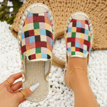 Womens Colorful Plaid Mules Closed Toe Slip On Espadrille Flat Shoes Casual Backless Loafers