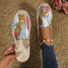 Womens Colorblock Flat Espadrilles Shoes Slip On Closed Round Toe Soft Sole Flat Shoes Comfy Half Drag Shoes