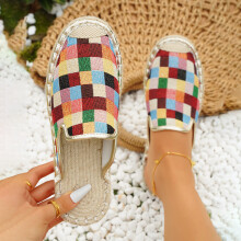 Womens Colorful Plaid Pattern Flat Shoes Casual Slip On Espadrille Shoes Lightweight Walking Shoes