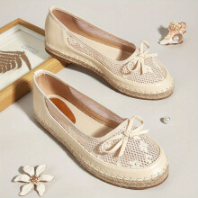 Womens Espadrille Flat Shoes Floral Mesh Round Toe Bow Decor Slip On Shoes Casual Outdoor Flats