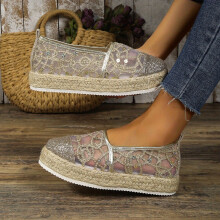 Womens Platform Espadrille Loafers Glitter Sequins Mesh Slip On Shoes Breathable Non Slip Flats