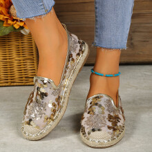 Womens Sequins Mesh Panel Shoes Round Toe Slip On Shallow Mouth Soft Linen Sole Espadrilles Shoes Comfy Womens Shoes