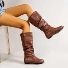 Womens Mid Calf Boots Ruched Dark Brown Riding Boots Faux Leather Flat Boots