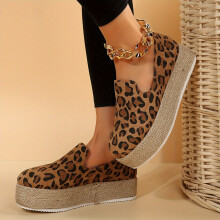 Womens Leopard Print Espadrille Shoes Round Toe Slip On Platform Shoes Casual Low Top Loafers