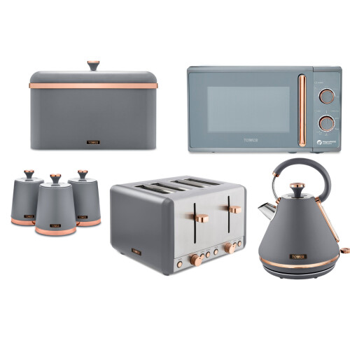 Tower Cavaletto Grey Kettle 4 Slice Toaster Microwave Breadbin