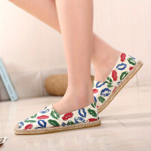 Colorful Pattern Breathable Espadrille Flat Shoes Closed Toe Plaited Fiber Rubber Sole Canvas Shoes Womens Footwear