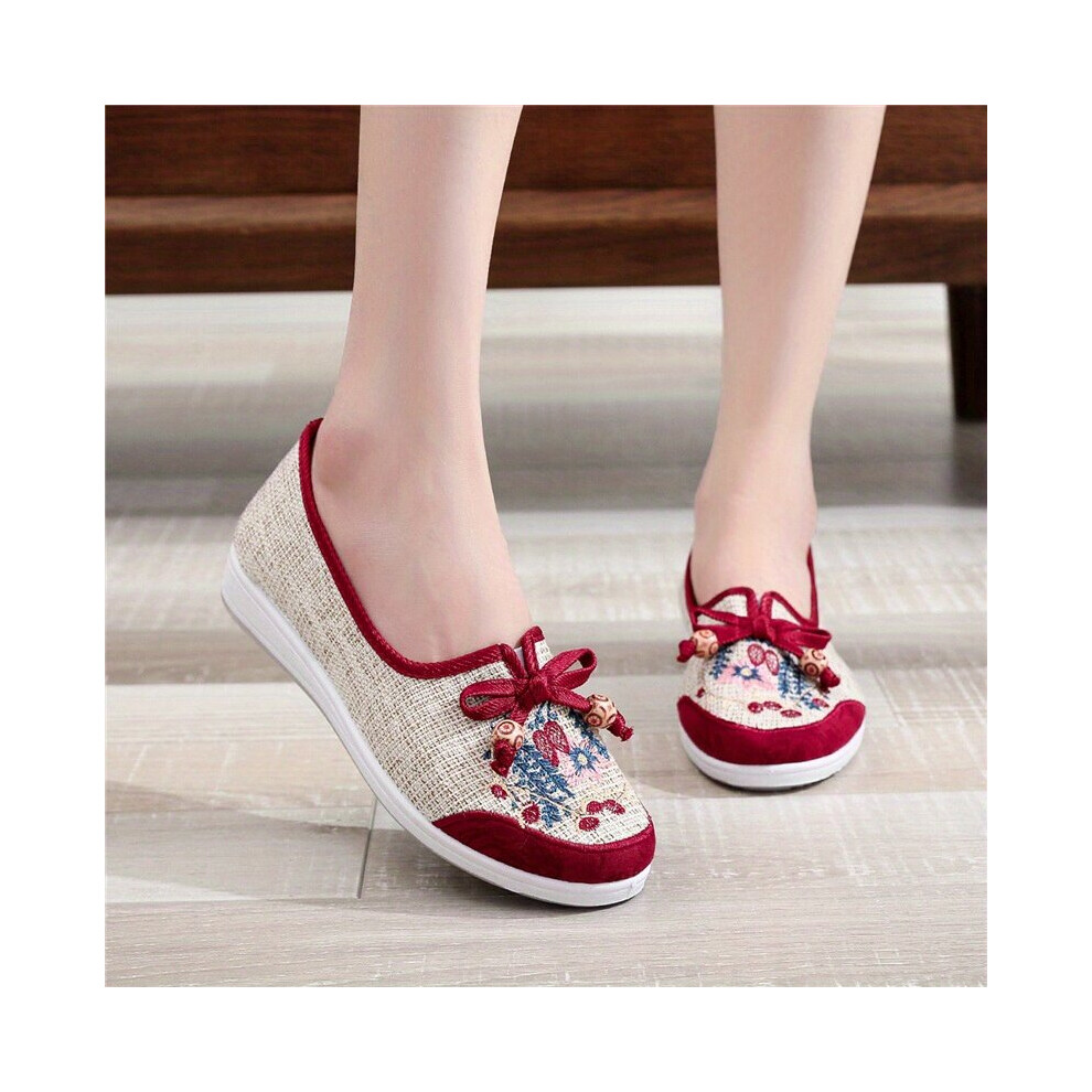 Womens Bowknot Flat Shoes Floral Embroidered Slip On Low Top Shoes Tribal Style Flats-image-OPC-PC8HN9Y-NEW
