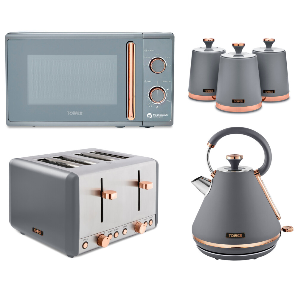 Tower Cavaletto Grey Pyramid Kettle 4 Slice Toaster Microwave & Canisters