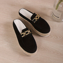 Womens Platform Espadrille Mules Metallic Chain Decor Backless Loafers Micro Suede Slip On Shoes