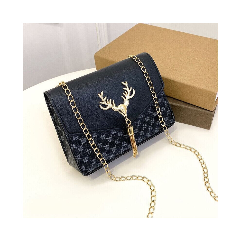 (Style1-Black) Ladies Chain Strap Small Cross Body Bag Women Shoulder Over Bags Deer Tassel 