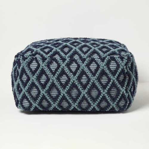 Homescapes Tula Handwoven Textured Navy & Teal Pouffe Bean Cube