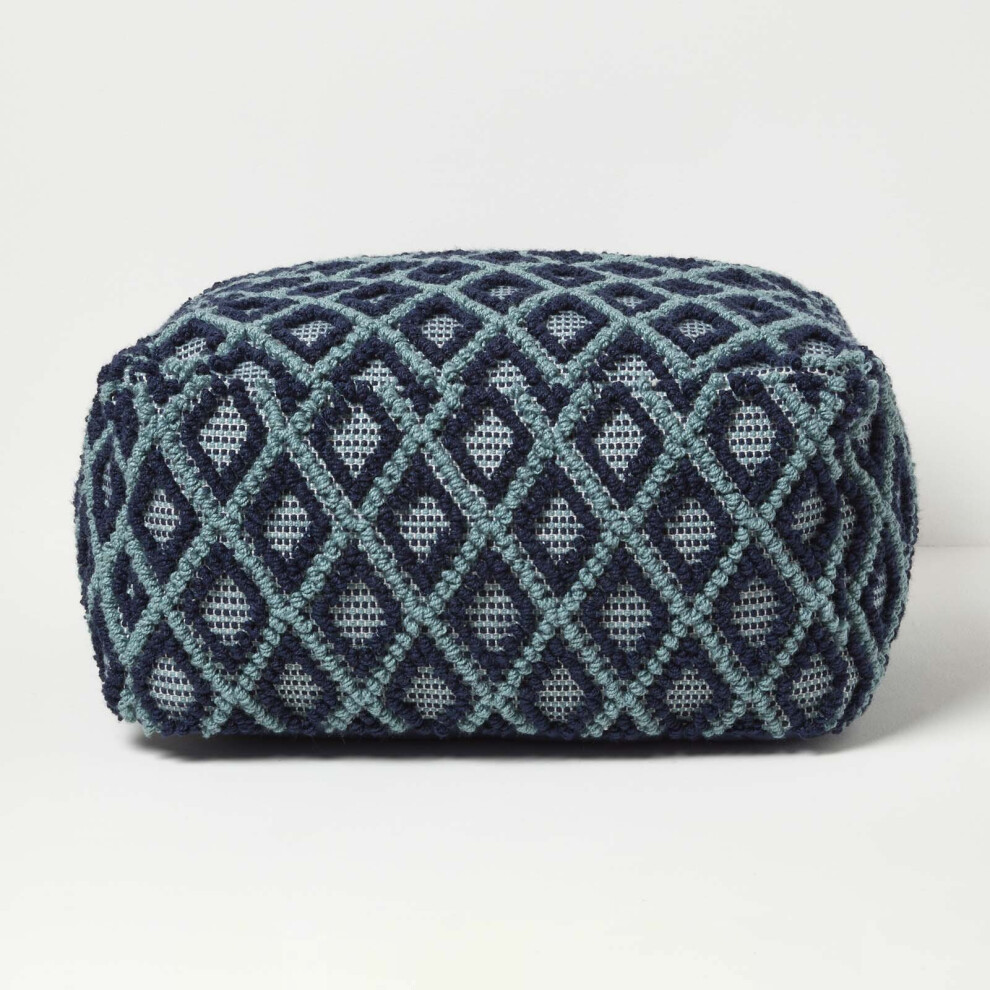 Homescapes Tula Handwoven Textured Navy & Teal Pouffe Bean Cube Blue