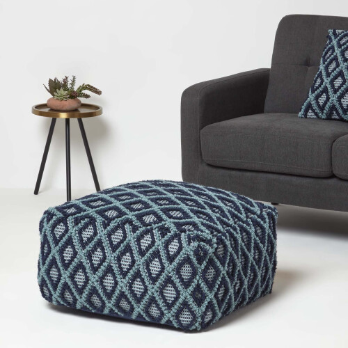Homescapes Tula Handwoven Textured Navy & Teal Pouffe Bean Cube 1