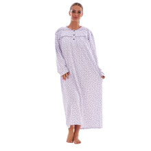 (Lavender, M) Malay thermal Cotton Long Nightdress Floral Button V-Neck Soft Brushed Nightwear