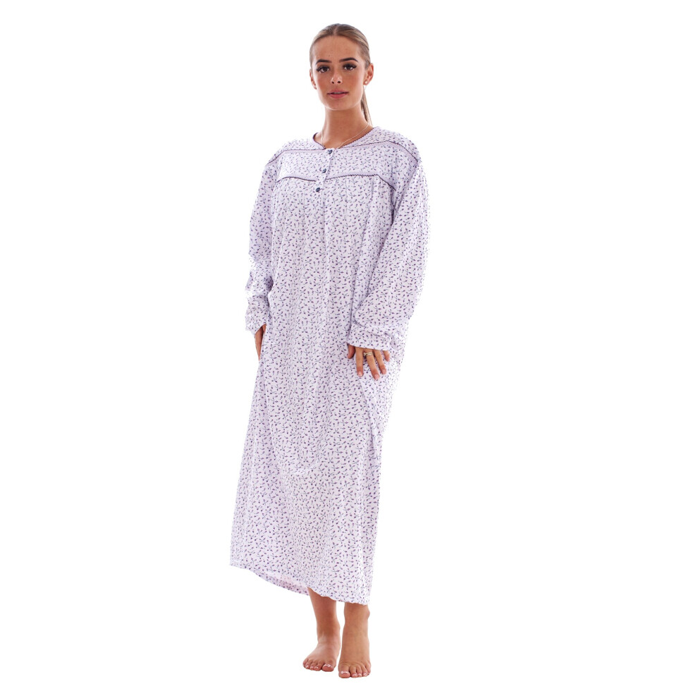 (Lavender, XXXL) Malay thermal Cotton Long Nightdress Floral Button V-Neck Soft Brushed Nightwear