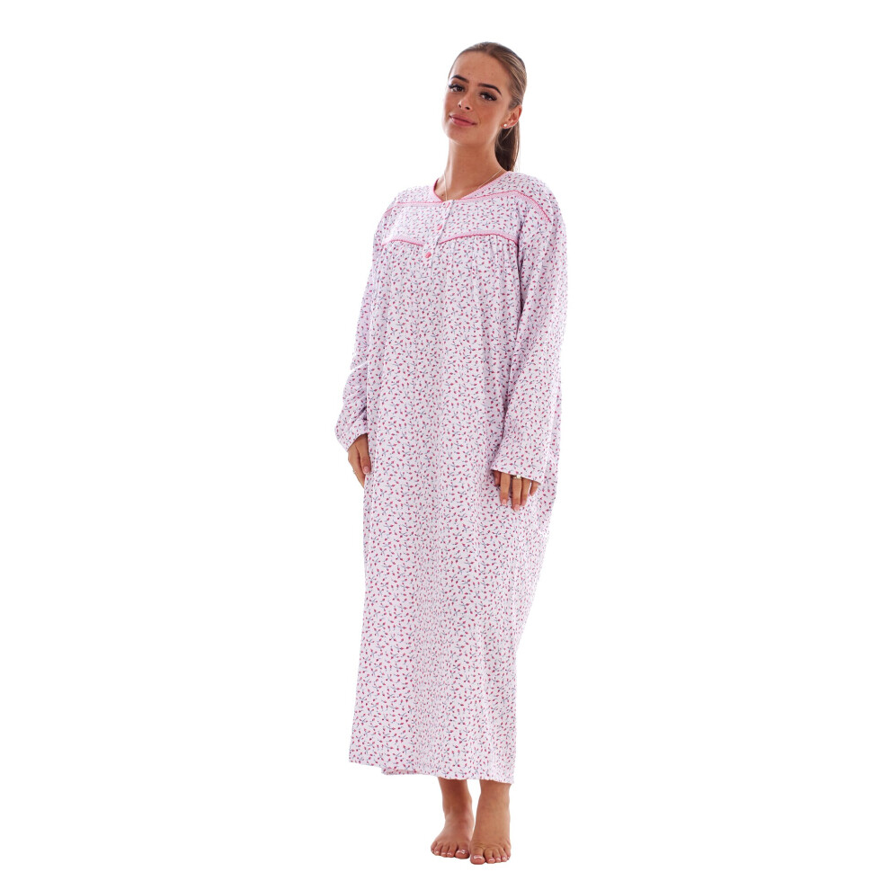 (Pink, XL) Malay Thermal Cotton Long Nightdress Floral Button V-Neck Soft Brushed Nightwear