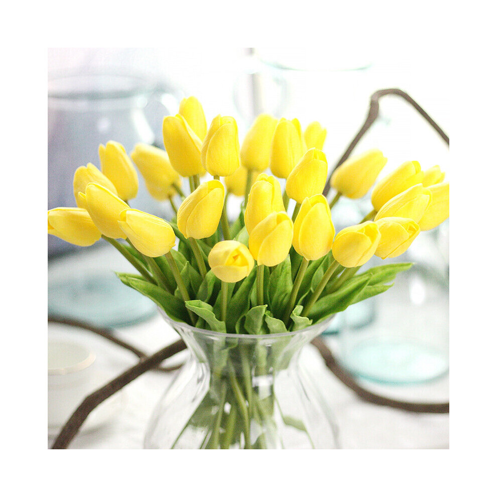 (Yellow) 10pcs Tulip Artificial Flower Latex Real Touch Bridal Wedding Bouquet Decor Home