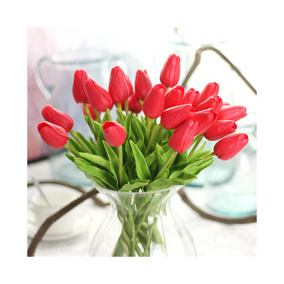 (Red) 10pcs Tulip Artificial Flower Latex Real Touch Bridal Wedding Bouquet Decor Home