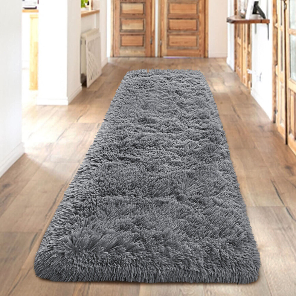 (80 x 300 cm (2 ft 6 in x 10 ft)) Grey Rugs Extra Large Fluffy Shaggy Rug Runner Mat