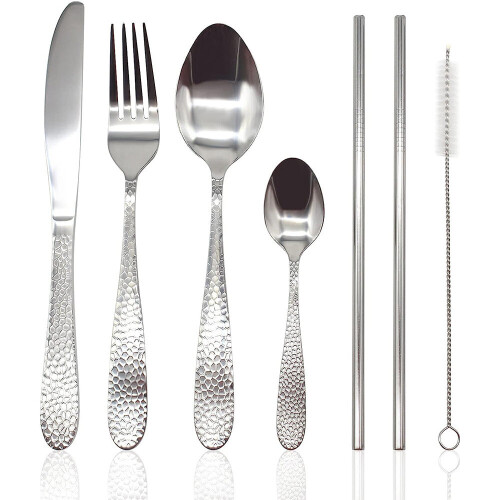 (32pc set) Cutlery Set Stainless Steel Hammered Handle Silver