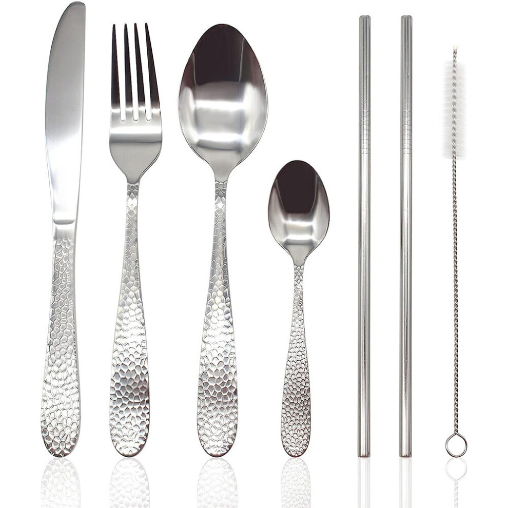 (16pc set) Cutlery Set Stainless Steel Hammered Handle Silver
