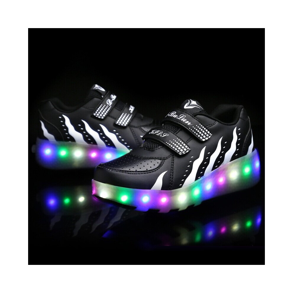 (Black, EU29) Led Sneakers Kids Junior Girls Boys Light Up Roller Skate Shoes With 2 Wheels