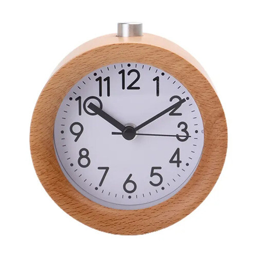 (Grey white) Round Wooden Desktop Alarm Clock with Night Light