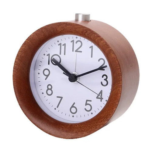 (Brown white) Round Wooden Desktop Alarm Clock with Night Light