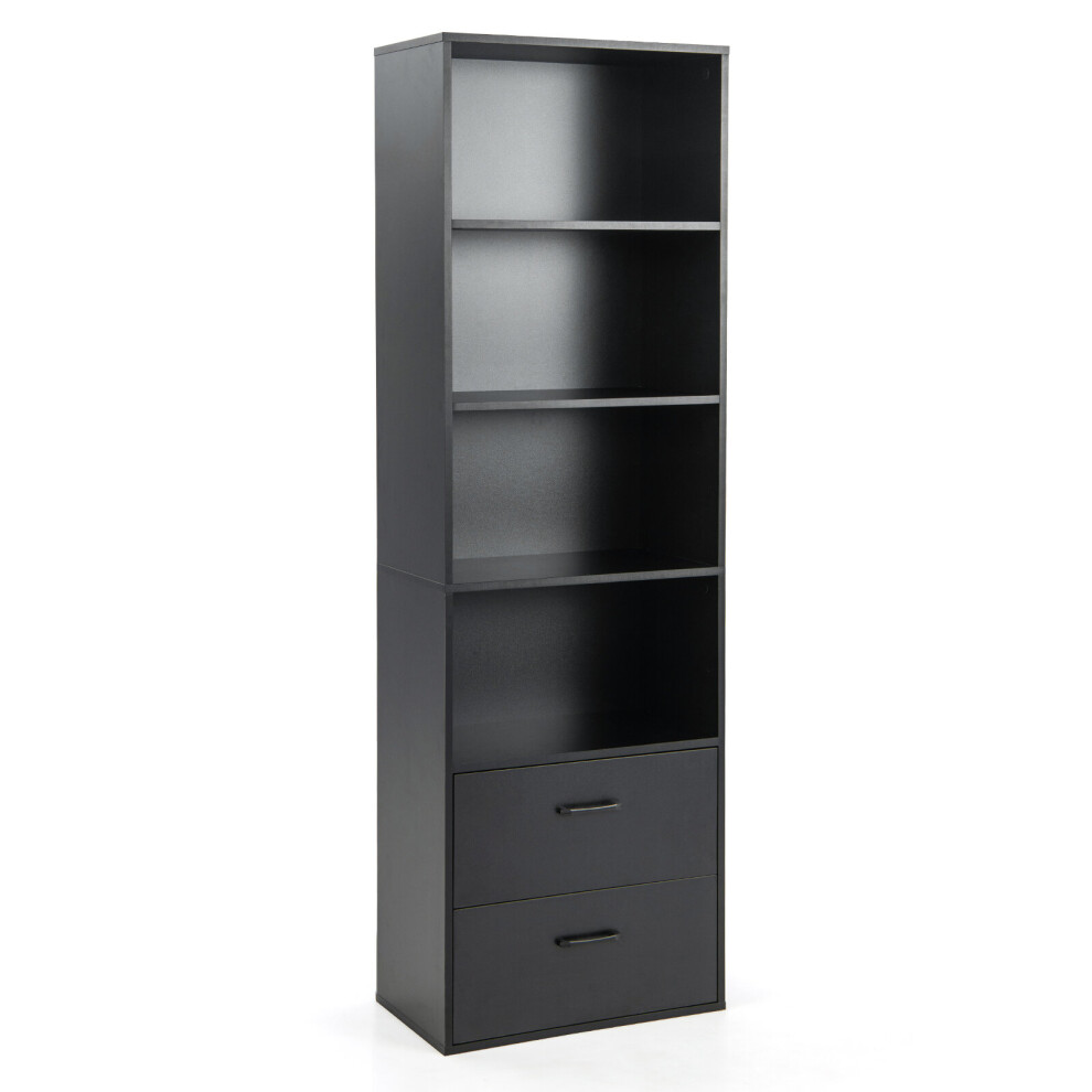 188 cm 6-Tier Tall Bookshelf Freestanding w/4 Open Shelves & 2 Drawers