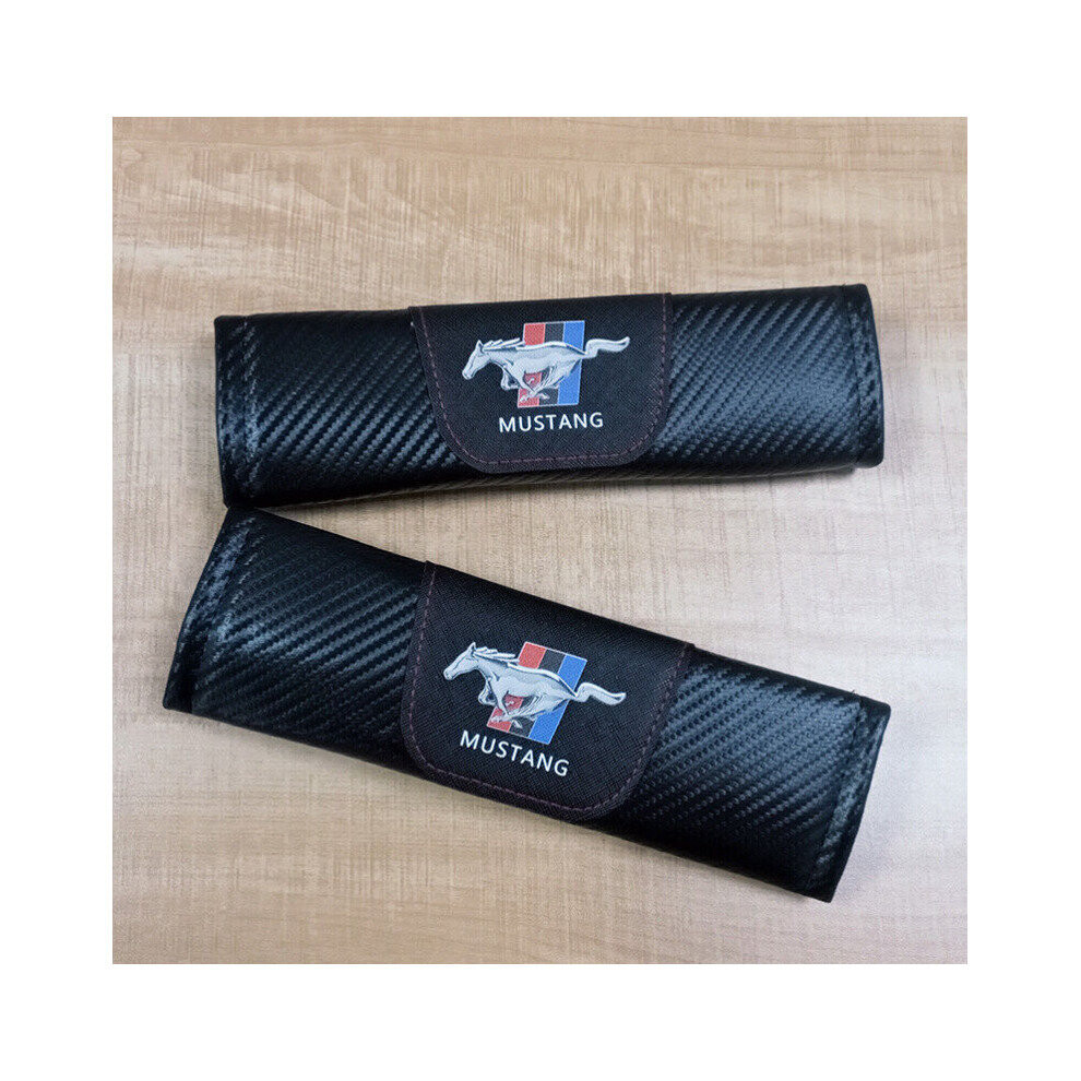 2Pcs Mustang Logo Carbon Fiber Style Leather Seat Belt Shoulder Pad 4754135866326