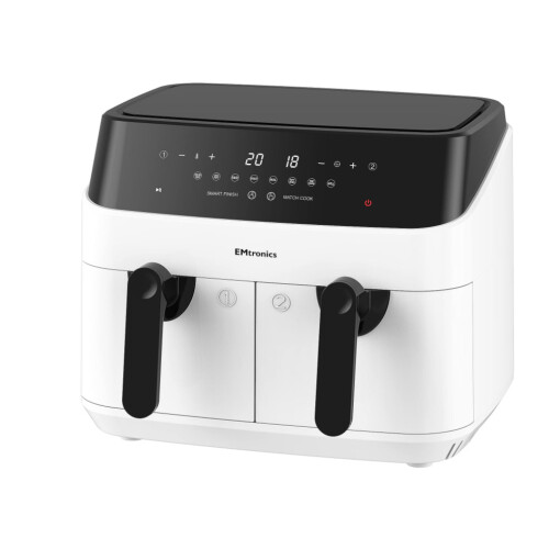 EMtronics Double Basket Air Fryer 9 Litre with 99 Minute Timer - White