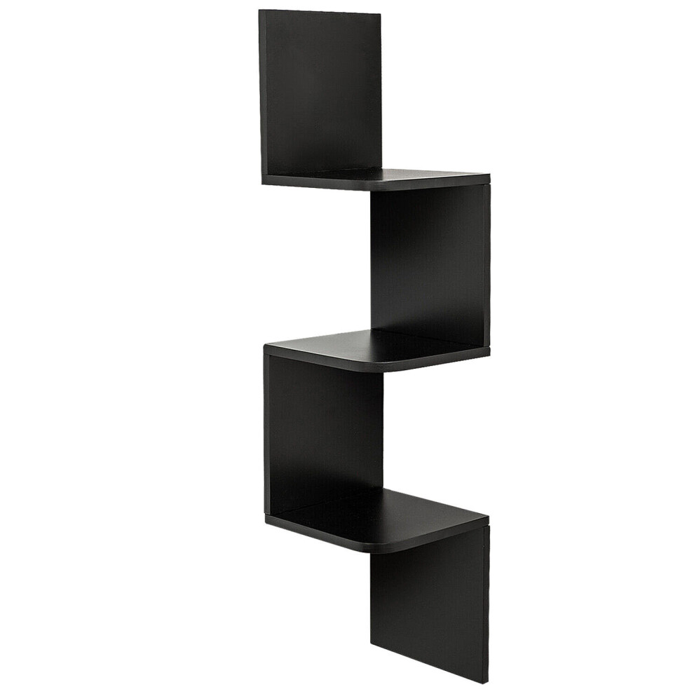 (Black - 3 tier) 3/5 Tier Floating Wall Shelves Corner Shelf Storage Wood Display Bookcase Unit