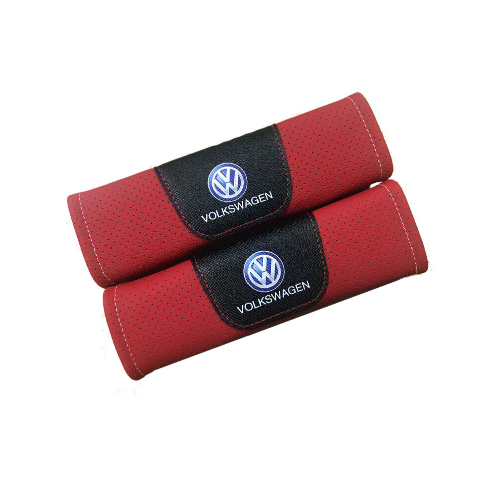 2pcs VW Red Seat Belt Cover Shoulder pad Microfiber Soft Leather