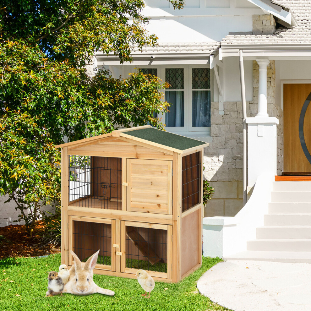 Wooden 2 Floors Chicken Coop Bunny Rabbit Cage w/ Roof Indoor &Outdoor