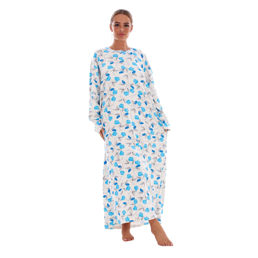 (Blue, L) Malay Cotton Thermal Long Nightdress Floral Buttons Crew Neck Ribbed Warm Nightwear