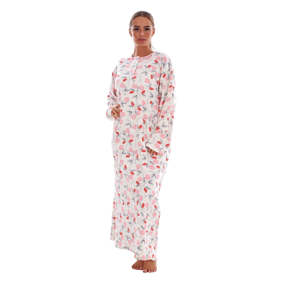 (Pink, XXL) Malay Cotton Thermal Long Nightdress Floral Buttons Crew Neck Ribbed Warm Nightwear