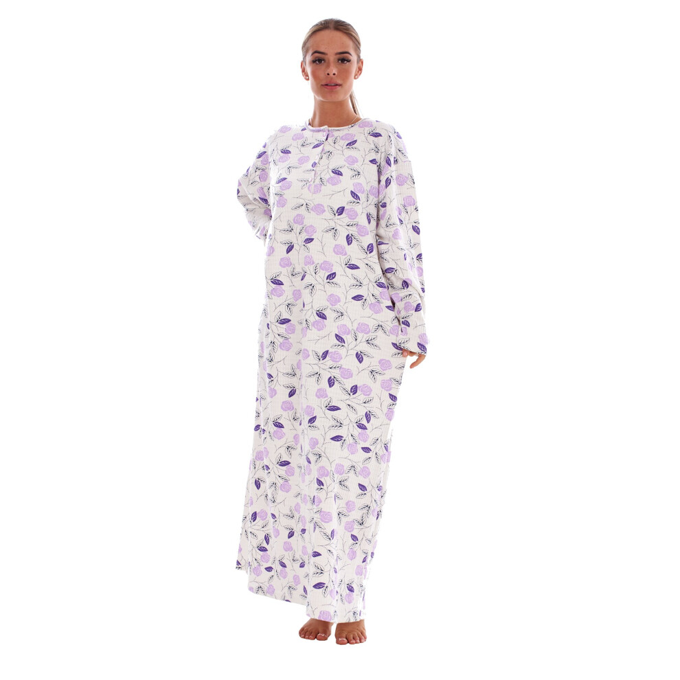 (Lavender, L) Malay Cotton Thermal Long Nightdress Floral Buttons Crew Neck Ribbed Warm Nightwear