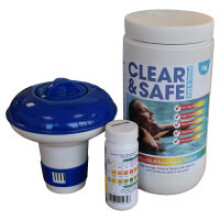 Clear & Safe 50x20g Chlorine Tablets Pool Hot Tub Spa + Dispenser + Testing strips