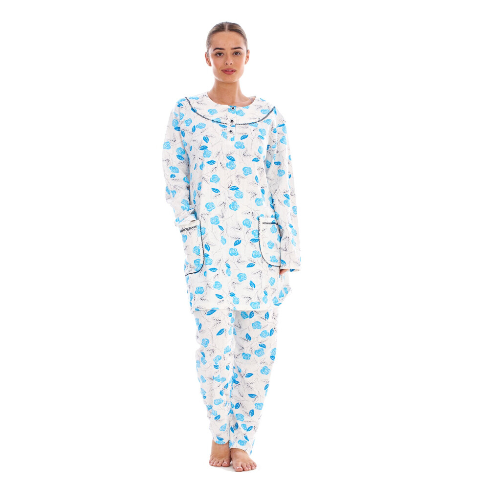 (Blue, L) Malay Ladies Pyjama Set Floral Long Sleeve Button Pockets Thermal Warm Soft Loungewear