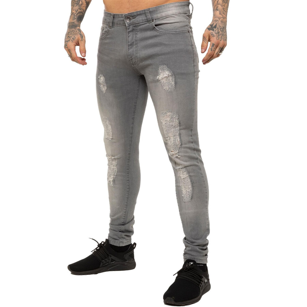 (28W/32L, Grey) Enzo Mens Skinny Distressed Jeans