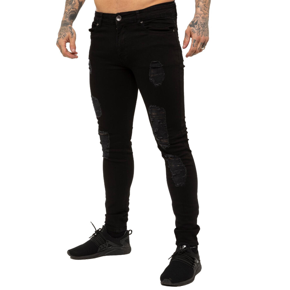 (28W/32L, Black) Enzo Mens Skinny Distressed Jeans
